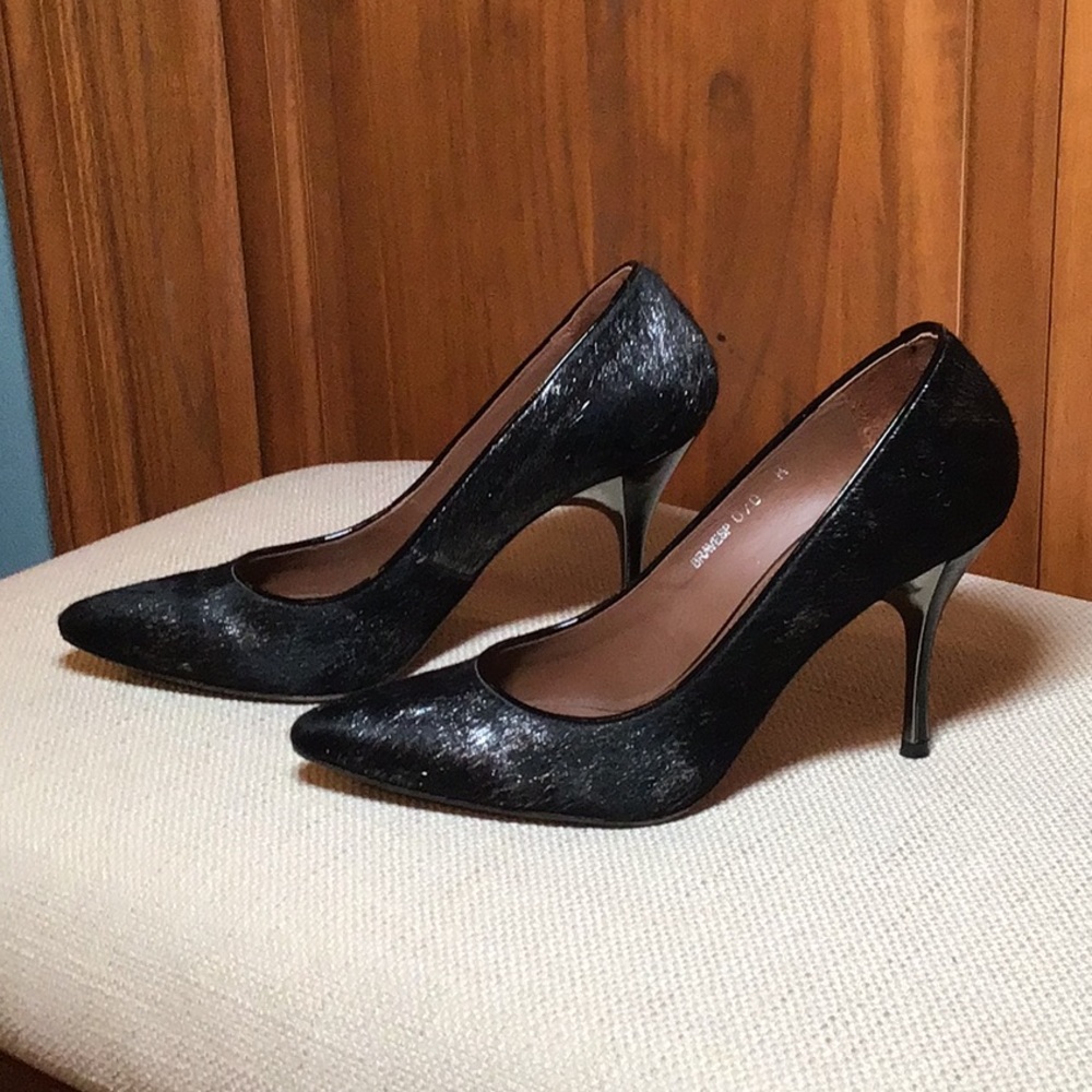 Donald J Pliner Braves Calf Hair Gun Metal Pumps